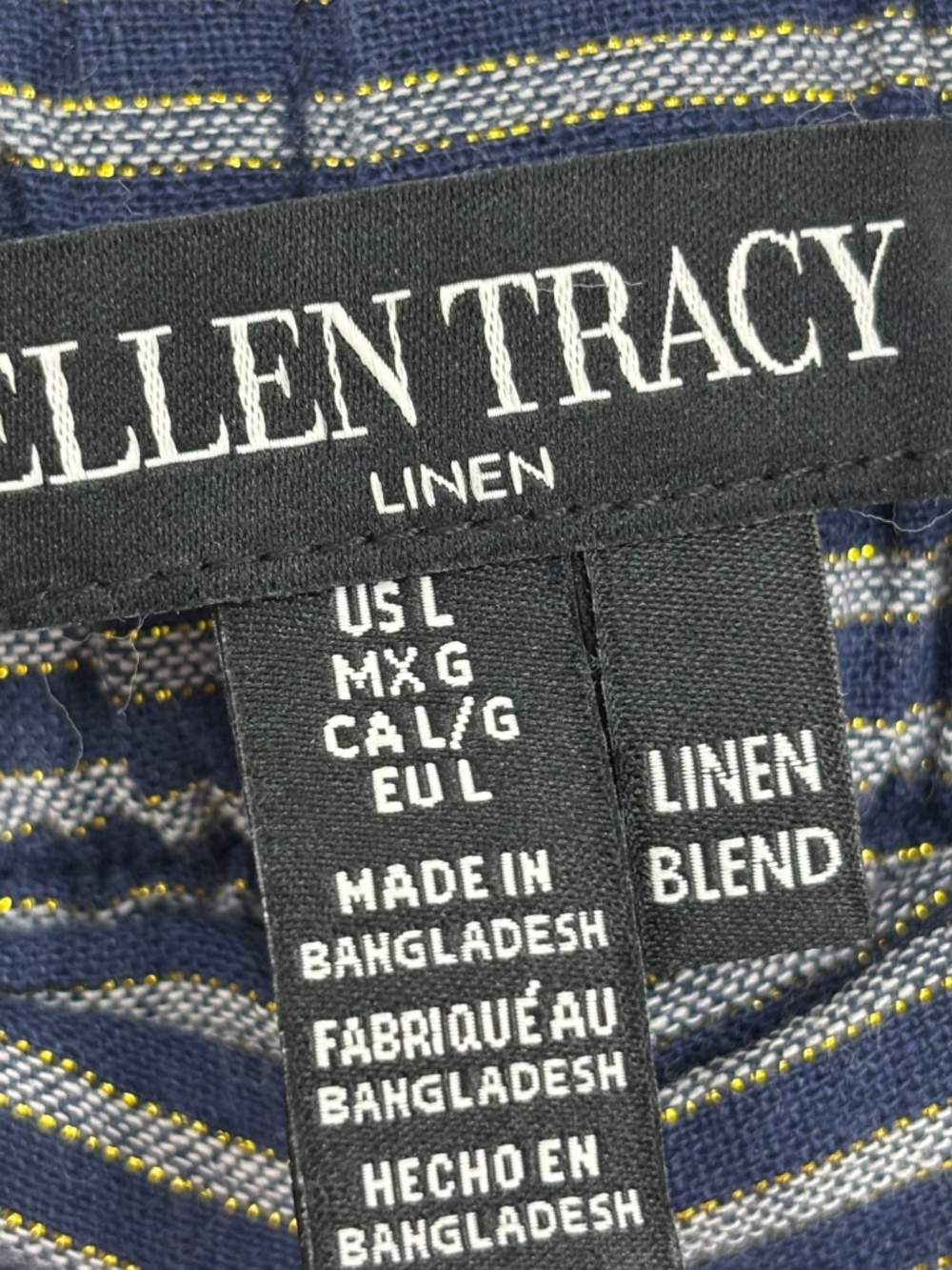 Ellen Tracy Womens Large Pull-On Pants Navy Blue Gold Metallic Stripes Linen - Picture 3 of 9